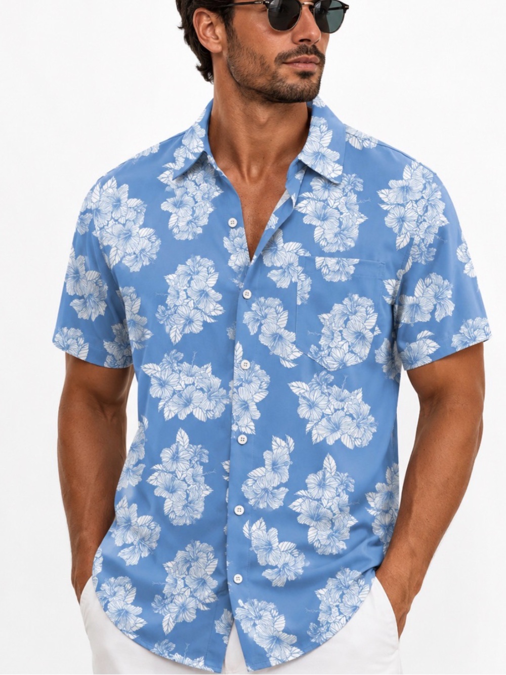 Casual Blue Floral Short-Sleeve Button-Down Shirt -Medium